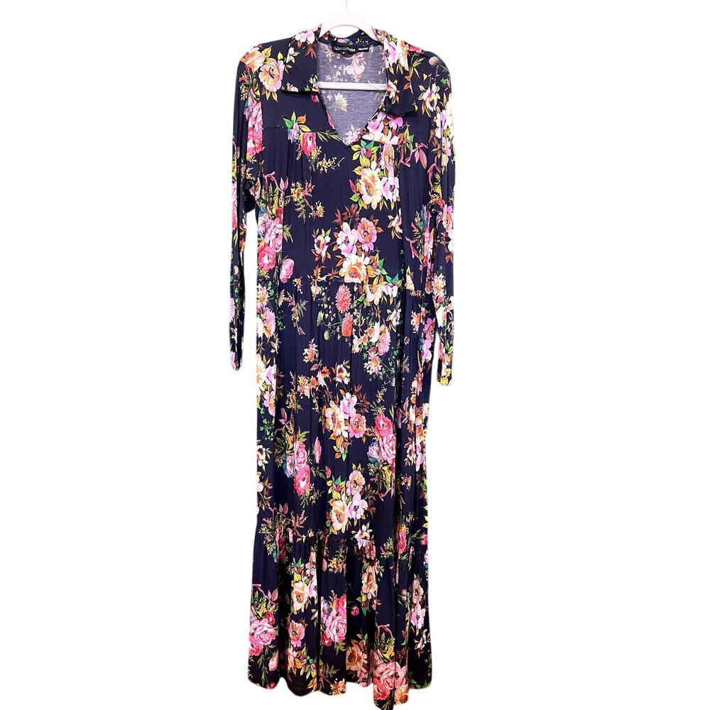 NWT Navy Floral Long Sleeve Collared Maxi Dress Size 1XL